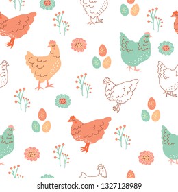 Seamless / surface pattern with egg, hen / chicken and flower for easter, textile print or else. Scandinavian, retro, and folk style