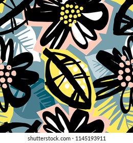 Seamless surface pattern floral design.Artistic design with authentic,unique scrapes, watercolour blotted background for a logo, cards, invitations, posters,banners