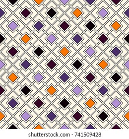 Seamless surface pattern in Halloween traditional colors with square ornament. Repeated bright diamonds background. Geometric motif. Grid digital paper, textile print, web designing. Vector art.