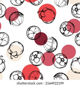 Seamless surface pattern with hand drawn mangosteen fruits. Exotic food sketch seamless texture. Vector illustration