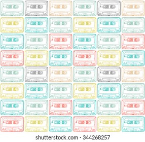 Seamless surface pattern with hand drawn retro music cassettes for your design