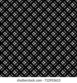 Seamless surface pattern with mini rhombuses, rectangles ornament. White diamonds, quadrangles on black background. Grid motif. Grill wallpaper. Checkered ethnic image. Digital paper for print. Vector