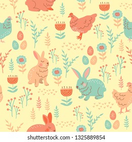 Seamless / surface pattern with rabbit, egg, hen / chicken and flower for easter or else. Scandinavian, retro, and folk style