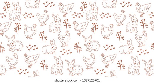 Seamless / surface pattern with rabbit, egg, hen / chicken and flower for easter, textile print or else. Scandinavian and hand drawing / line style