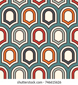 Seamless surface pattern with repeated ancient shields. Geometric figures abstract background. Simple ornament with scale motifs. Digital paper, textile print, page fill. Vector art.