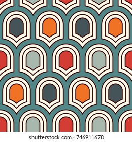 Seamless surface pattern with repeated ancient shields. Geometric figures abstract background. Simple ornament with scale motifs. Digital paper, textile print, page fill. Vector art.