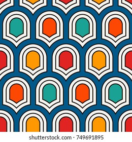 Seamless surface pattern with repeated ancient shields. Geometric figures abstract background. Simple ornament with scale motifs. Digital paper, textile print, page fill. Vector art.