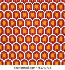 Seamless surface pattern with repeated ancient shields. Geometric figures abstract background. Simple ornament with scale motifs. Digital paper, textile print, page fill. Vector art.