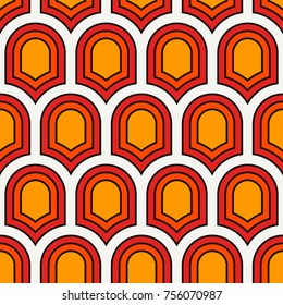 Seamless surface pattern with repeated ancient shields. Geometric figures abstract background. Simple ornament with scale motifs. Digital paper, textile print, page fill. Vector art.