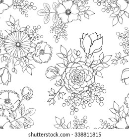 Seamless surface pattern with sketch ink hand drawn flowers and leaves. Vector EPS 10.