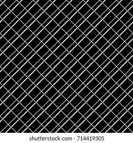 Seamless surface pattern with strokes and crossed lines ornament. White diagonal stripes grill on black background. Grid motif. Linear wallpaper. Striped image. Digital paper for print. Vector art.