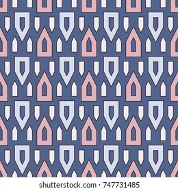 Seamless surface pattern with stylized triangles. Abstract background with repeated geometric figures. Ethnic style ornamental wallpaper. Digital paper, textile print, page fill. Vector art
