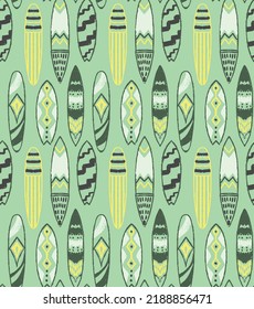 Seamless surface pattern of surfboards with various prints, done in gritty textured style. Great for fashion, accessories, textiles, footwear, swimwear, wrapping paper, stationery, wallpaper and more