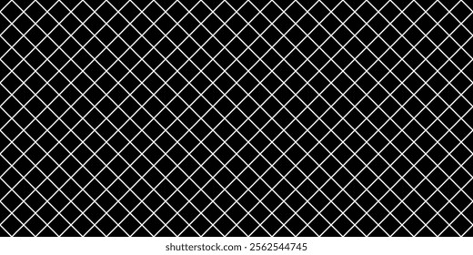 Seamless surface pattern with symmetric geometric ornament. White diagonal stripes abstract on black background. Grill motif. Crossing lines wallpaper