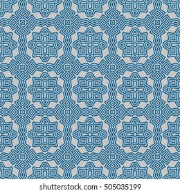 Seamless surface pattern. Symmetric geometric blue color abstract on grey background. Ethnic ornament wallpaper. For digital paper, page fills, web design, textile print. Vector art illustration