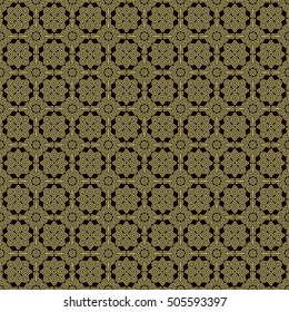 Seamless surface pattern. Symmetric geometric gold color abstract on black background. Ethnic ornament wallpaper. For digital paper, page fills, web design, textile print. Vector art illustration