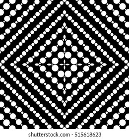 Seamless surface pattern with symmetric geometric ornament. Round spots texture. White circles abstract on black background. Polka dot motif. For digital paper, web design. Vector art illustration