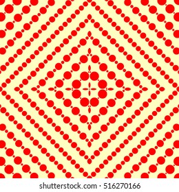 Seamless surface pattern with symmetric geometric ornament. Round spots texture. Red circles abstract on yellow background. Polka dot motif. For digital paper, textile print. Vector illustration
