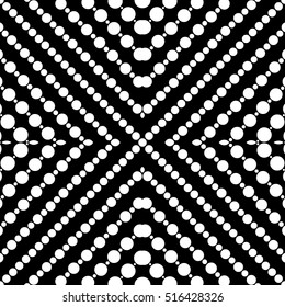 Seamless surface pattern with symmetric geometric ornament. Round spots texture. White circles abstract on black background. Polka dot motif. For digital paper, web design. Vector art illustration