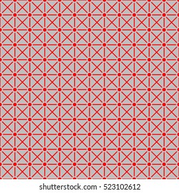 Seamless surface pattern with symmetric geometric ornament. Red crosses, stripes and circles abstract on grey background. Grill motif. Crossing lines wallpaper. Digital paper. Vector illustration