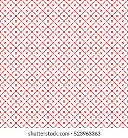 Seamless surface pattern with symmetric geometric ornament. Red diagonal stripes abstract on white background. Grill motif. Crossing lines wallpaper. Digital paper for page fill. Vector illustration