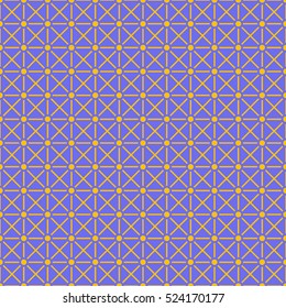 Seamless surface pattern with symmetric geometric ornament. Orange crosses, stripes and circles abstract on violet background. Grill motif. Crossing lines wallpaper. Digital paper. Vector illustration