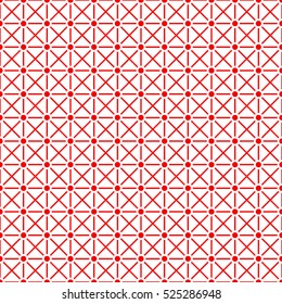 Seamless surface pattern with symmetric geometric ornament. Red crosses, stripes and circles abstract on white background. Grill motif. Crossing lines wallpaper. Digital paper. Vector illustration