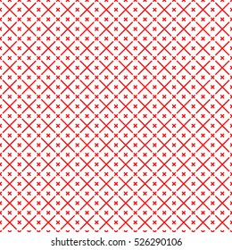 Seamless surface pattern with symmetric geometric ornament. Red diagonal stripes abstract on white background. Grill motif. Crossing lines wallpaper. Digital paper for page fill. Vector illustration