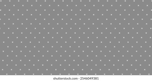 Seamless surface pattern with symmetric ornament. Staggered white crosses on grey background abstract. Grid motif. Ethnic wallpaper. Digital paper for web design, scrapbook. Vector art illustration