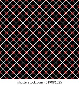 Seamless surface pattern with symmetric ornament. Black diagonal stripes and circles abstract on white background. Crossing lines wallpaper. Digital paper for textile print. Vector art illustration