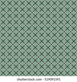 Seamless surface pattern with symmetric ornament. Black diagonal stripes and grey circles abstract on green background. Crossing lines wallpaper. Digital paper for textile print. Vector illustration