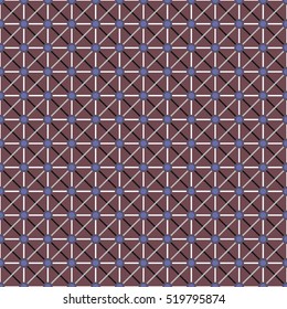 Seamless surface pattern with symmetric ornament. Color stripes and circles abstract on dark red background. Crossing lines wallpaper. Digital paper for textile print. Vector art illustration