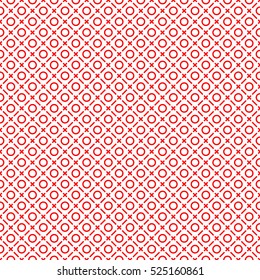 Seamless surface pattern with symmetric ornament. Red dashes, crosses and circles abstract on white background. Grid motif. Ethnic wallpaper. Digital paper for web design. Vector art illustration
