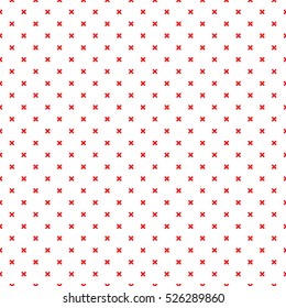 Seamless surface pattern with symmetric ornament. Red staggered crosses on white background abstract. Grid motif. Ethnic wallpaper. Digital paper for web design, scrapbook. Vector art illustration