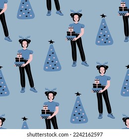Seamless surface pattern. Traditional winter holiday celebration. Isolated vector Christmas character
