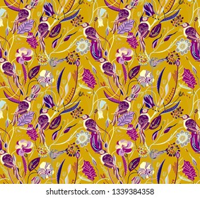 Seamless surfase textile pattern. Floral exotic print with tropical birds for womenswear, interior decor, cover.