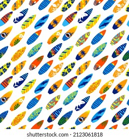 Seamless surfboards with sharks, flowers, leaves, palms, sun and sea. Bright prints for summer clothes.