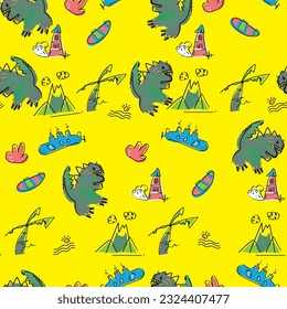 Seamless surfer dinosaur vector illustration with other cool slogans on a yellow background seamless pattern.