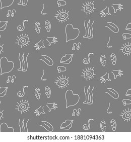 Seamless Surreal black and white vector pattern with hearts,nose, eye, mouth, ears, tongue, legs, earrings, ring. Fashionable, trendy, fancy, hip, stylish, doodle texture for wrapping paper, wallpaper