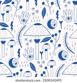 Seamless surreal blue and white pattern featuring mushrooms, hands, leaves, moons, and quirky symbols for unique wallpapers or creative projects