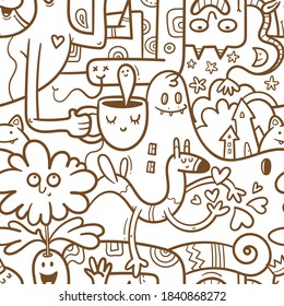 Seamless surreal pattern with cute cartoon monsters on  white background. Wallpapers with various creatures. Print with funny doodle snakes and dragons.