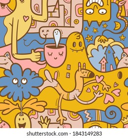 Seamless surreal pattern with cute cartoon monsters on  colorful background. Wallpapers with various creatures. Print with funny doodle snakes and dragons.