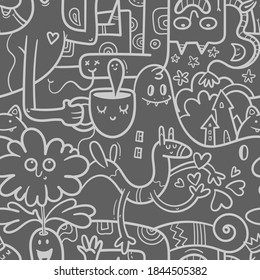 Seamless surreal pattern with cute cartoon monsters on  dark background. Wallpapers with various creatures. Print with funny doodle snakes and dragons.