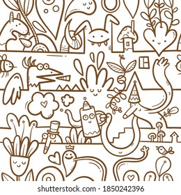 Seamless surreal pattern with cute cartoon monsters on  white background. Wallpapers with various creatures. Print with funny doodle plants and dragons.