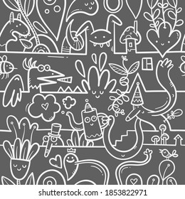 Seamless surreal pattern with cute cartoon monsters on  dark background. Wallpapers with various creatures. Print with funny doodle plants and dragons.