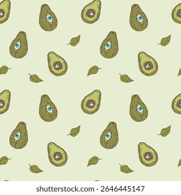 Seamless surreal vector pattern featuring avocados with eyes. A playful and imaginative design combining fantasy fruit elements in colorful sketch style