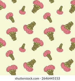 Seamless surreal vector pattern featuring broccoli with a brain. A quirky and imaginative design combining food and fantasy in minimalist line art style