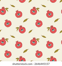 Seamless surreal vector pattern featuring a pomegranate with eyes. A mystical and imaginative design blending fantasy elements with minimalist line art