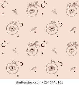 Seamless surreal vector pattern featuring a pomegranate with eyes combined with esoteric moons and stars. A mystical and imaginative line art design blending fantasy and cosmic elements