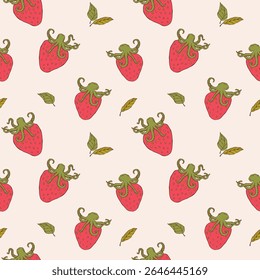 Seamless surreal vector pattern featuring a strawberry with an octopus. A bold and imaginative combination of fruit and sea creature in a colorful sketch style. Perfect for prints, textiles